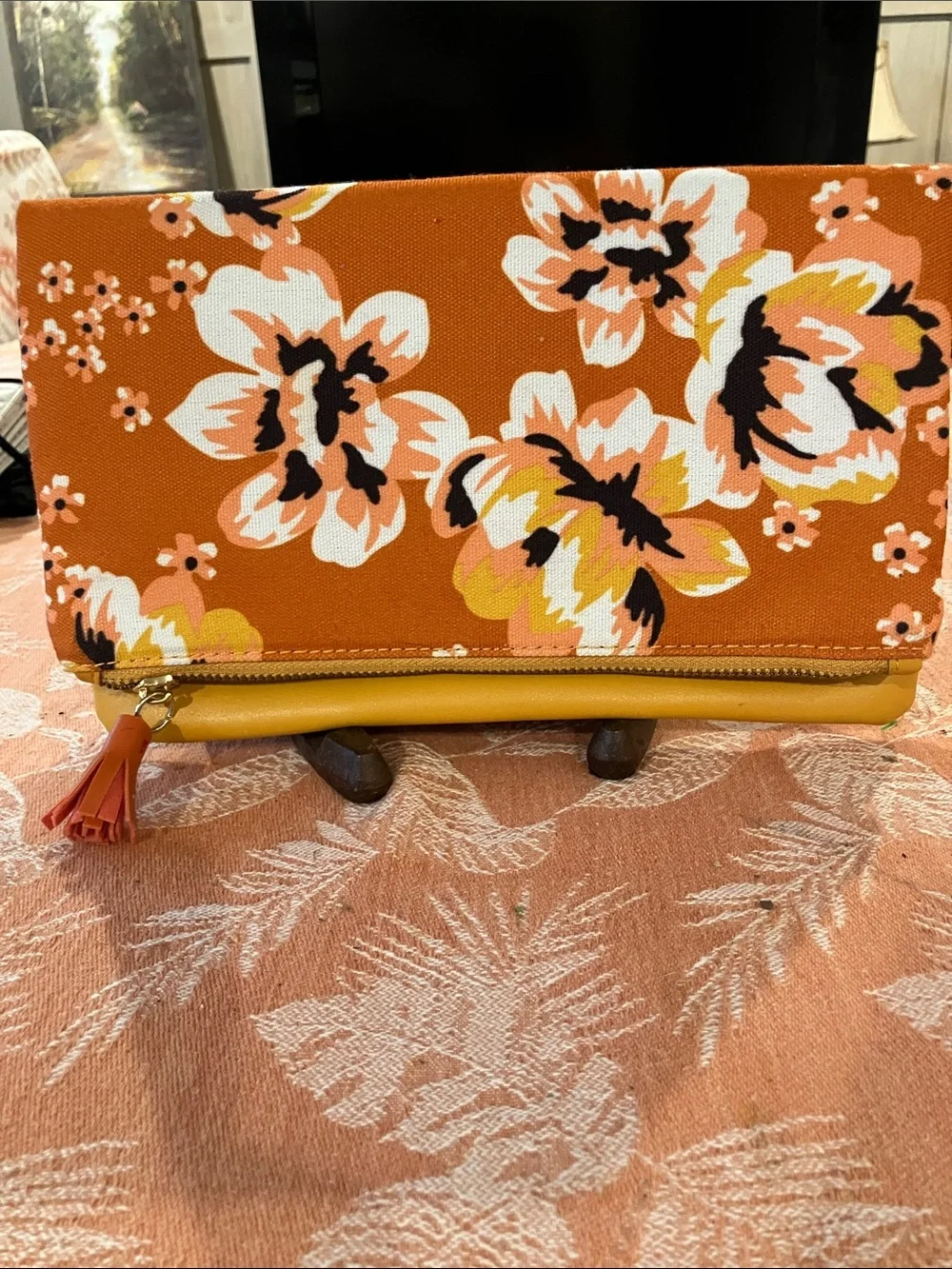 Rachel Pally Orange Floral Fold-Over Clutch with Yellow Trim